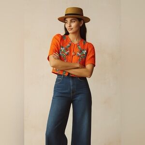 Anthropologie Elevenses Silk Hand Embroidered Flowers Cropped Jacket size 10